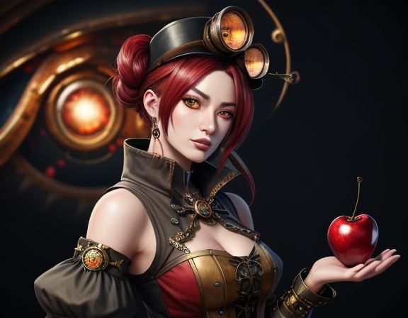 Steampunk Anime Woman with Oversized Cherries