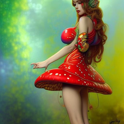 Surreal Fly Agaric Woman, Hyperdetailed with Fractal Edges
