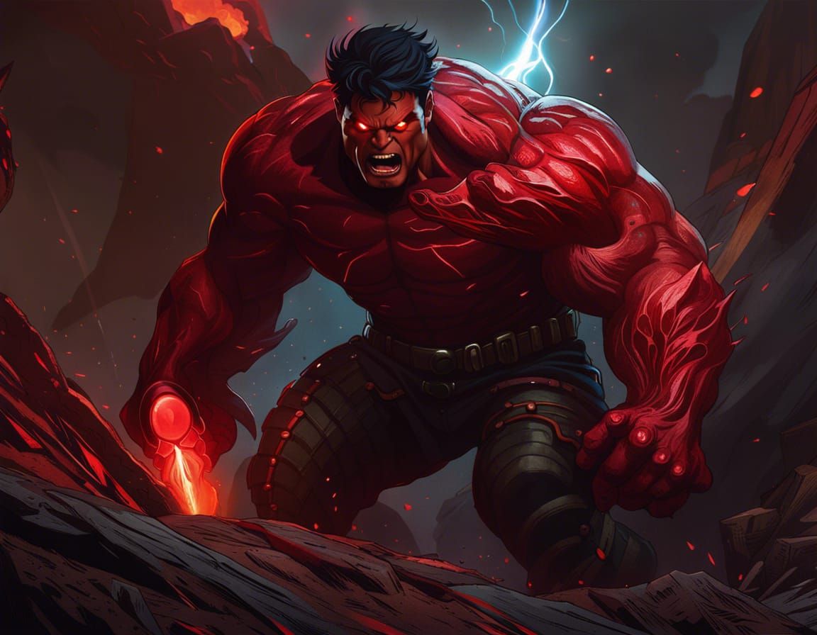 Hyperrealistic Red Hulk Portrait in Destroyed Building