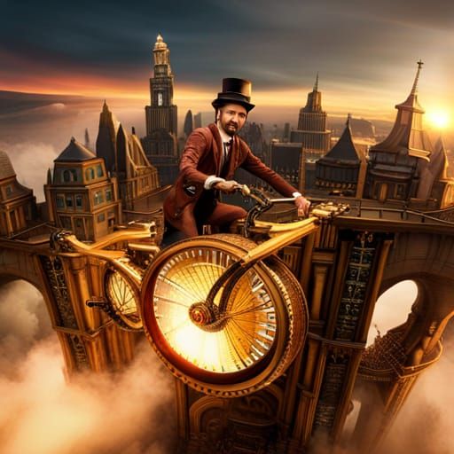 Steampunk Man on Steam Bicycle in Clockwork City