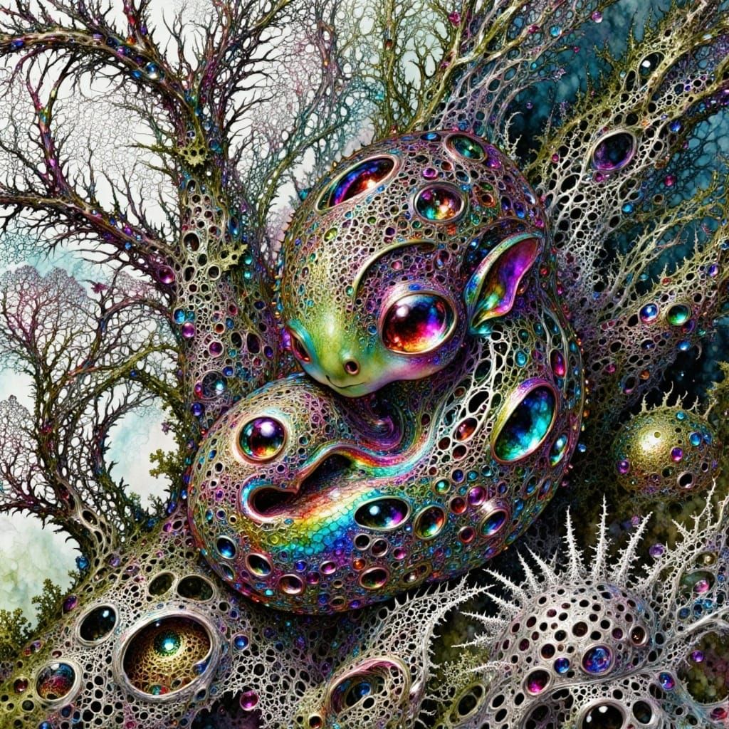 Wool Creature Holding Doll in Ethereal Landscape