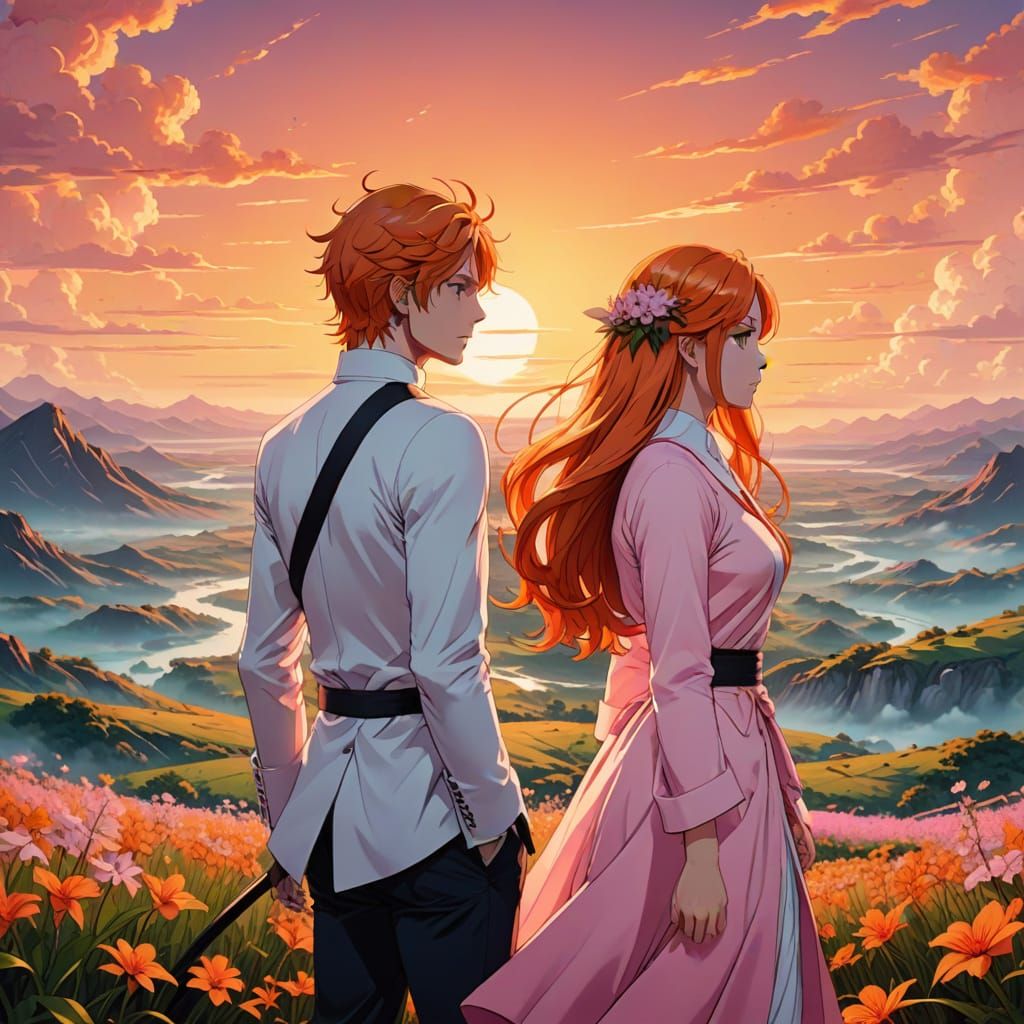 Bleach Anime Characters Ichigo and Orihime in Vibrant Spirit...