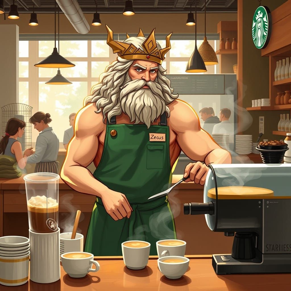 King Zeus as Barista in a Modern Coffee Shop