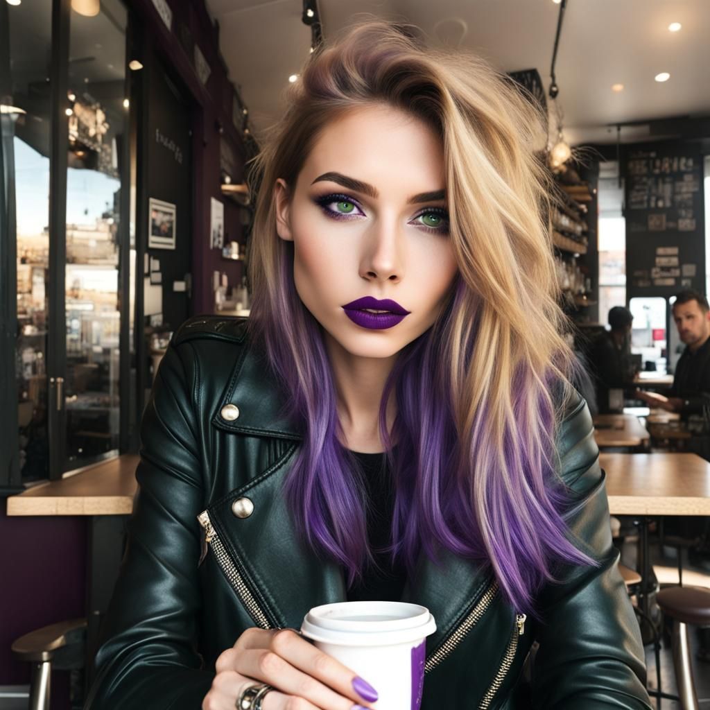 Woman with Golden Purple Hair Drinking Coffee