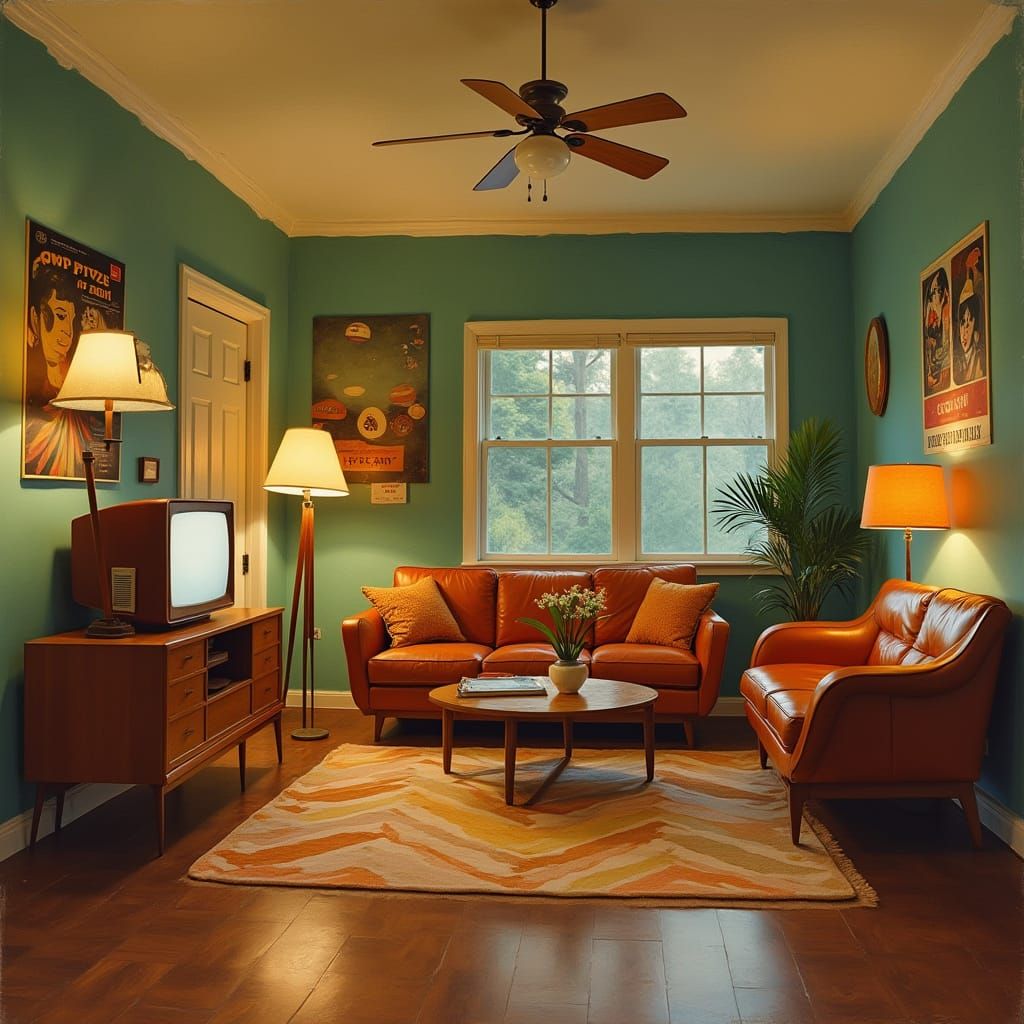 Mid-Century Living Room Oil Painting with Retro Furniture