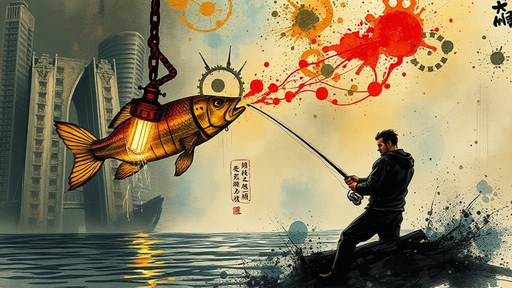 Steampunk Iron Lamp Man Fishing with Ink Splatters