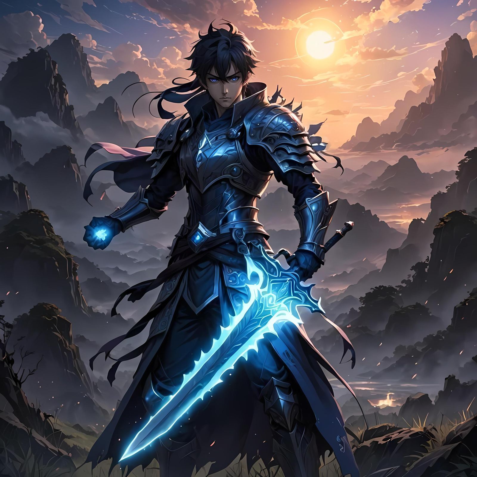 Anime Hero with Glowing Sword in Pastel Landscape
