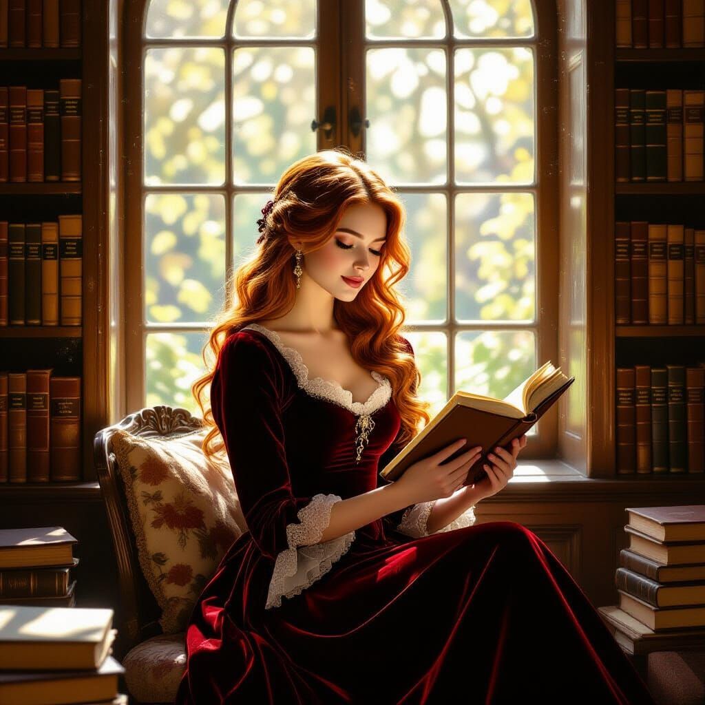 Contemplative Woman in Sunlit Library Nook