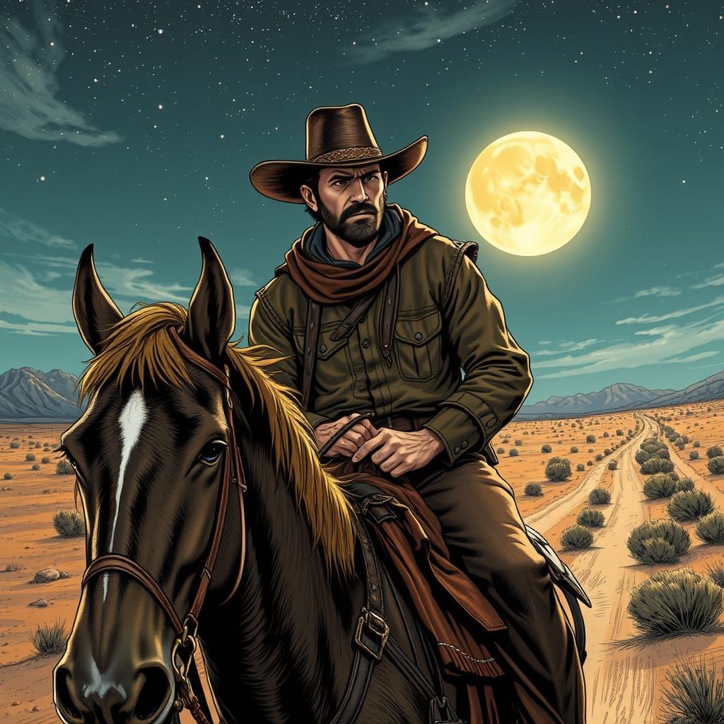 Cowboy Rides Desert Trail at Night in Comic Book Style
