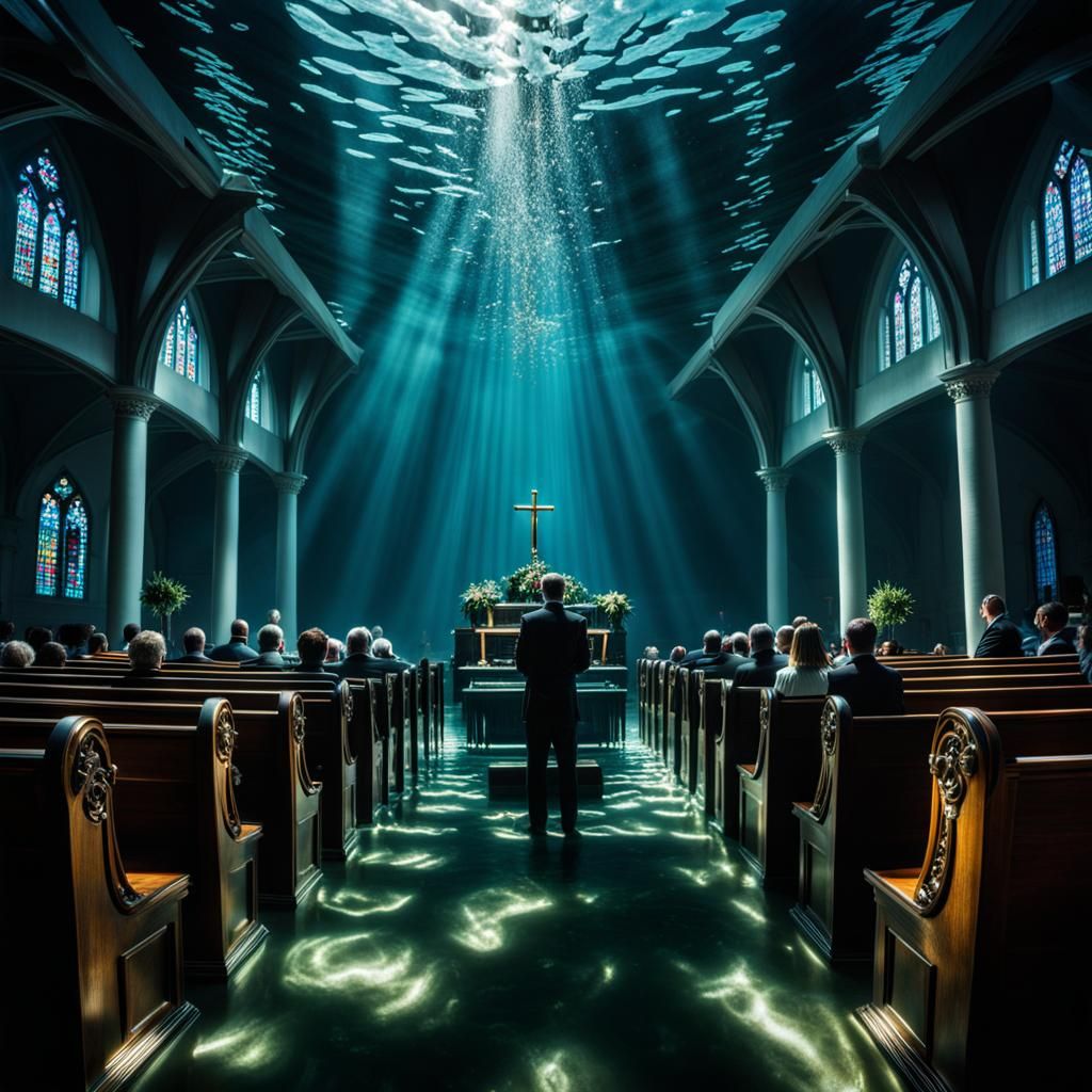 Underwater Church Service in Hyperrealistic Style