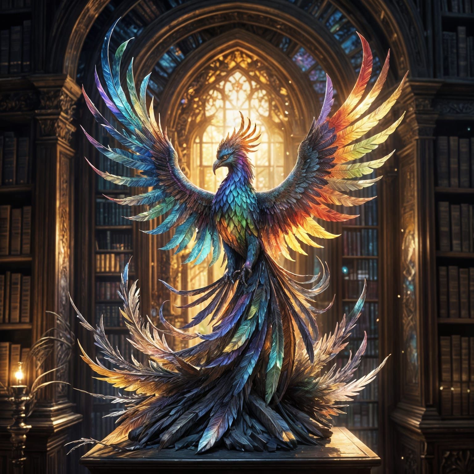 Ethereal Phoenix Rises from Ancient Library in Watercolor St...