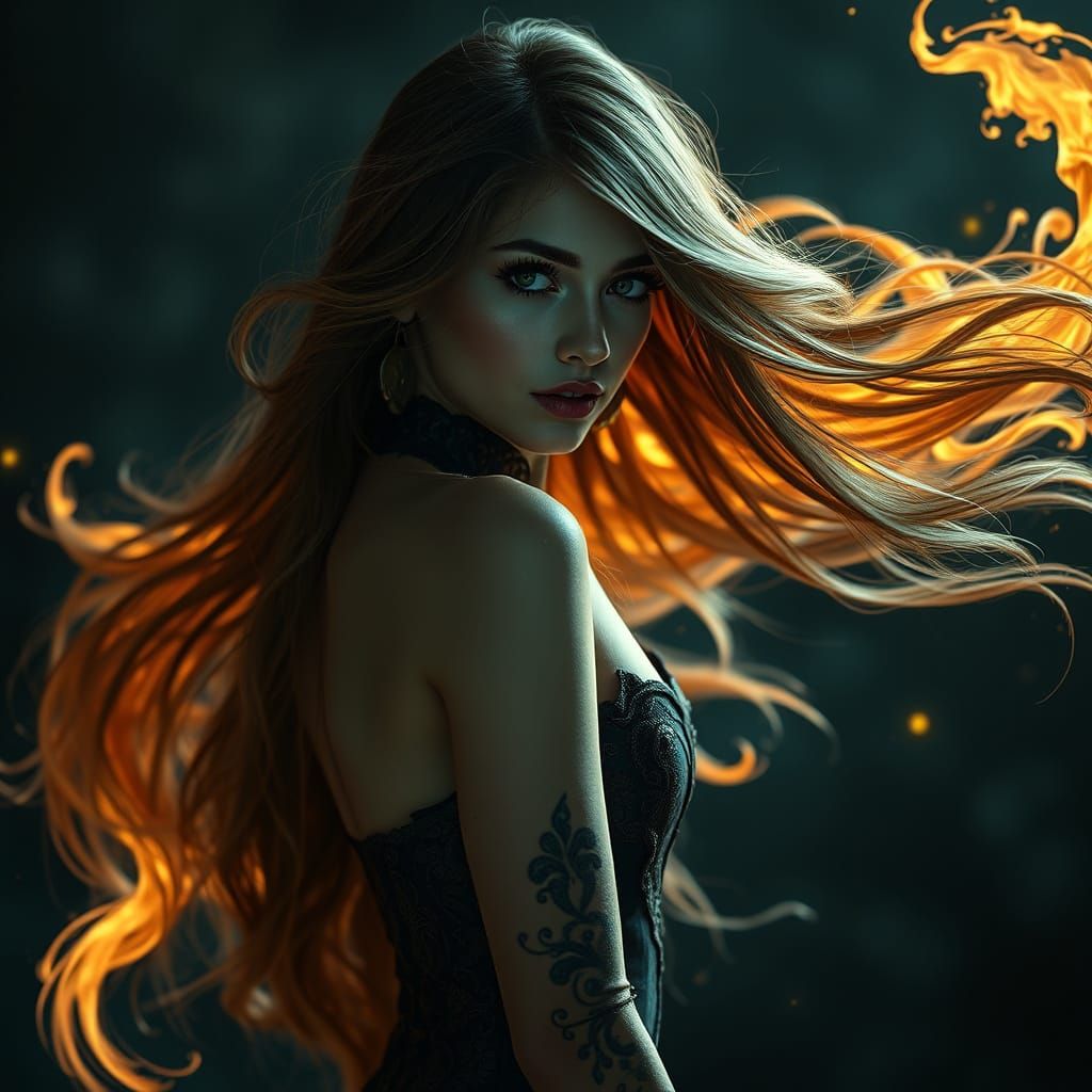 Ethereal Lady of Blazing Hair and Golden Light