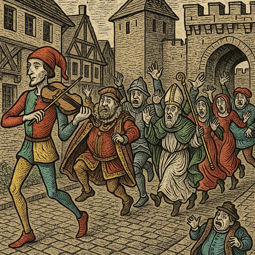 The Pied Piper of Hamelin in a Grotesque Engraving Style