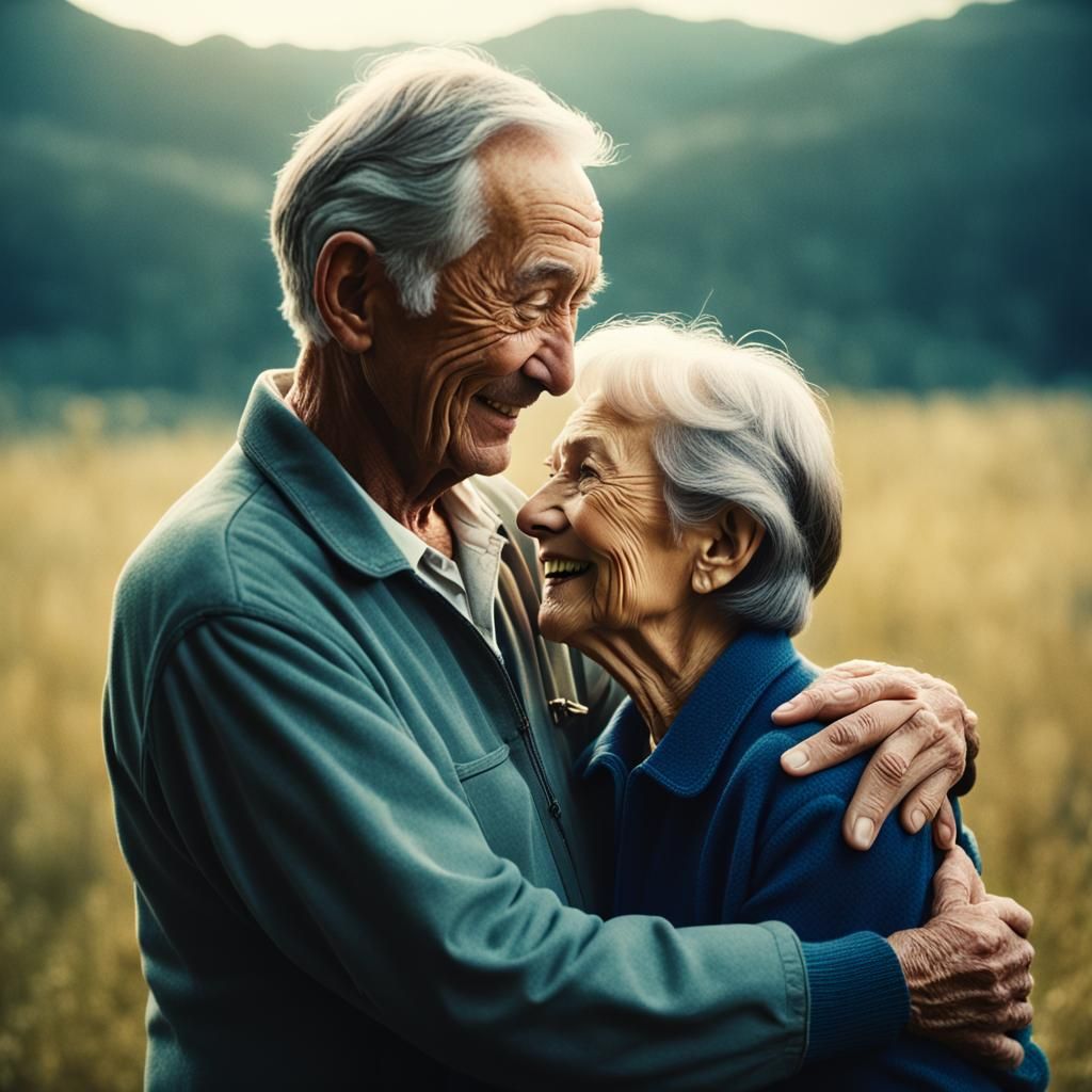 Elderly Couple's Tender Embrace: A Cinematic Still