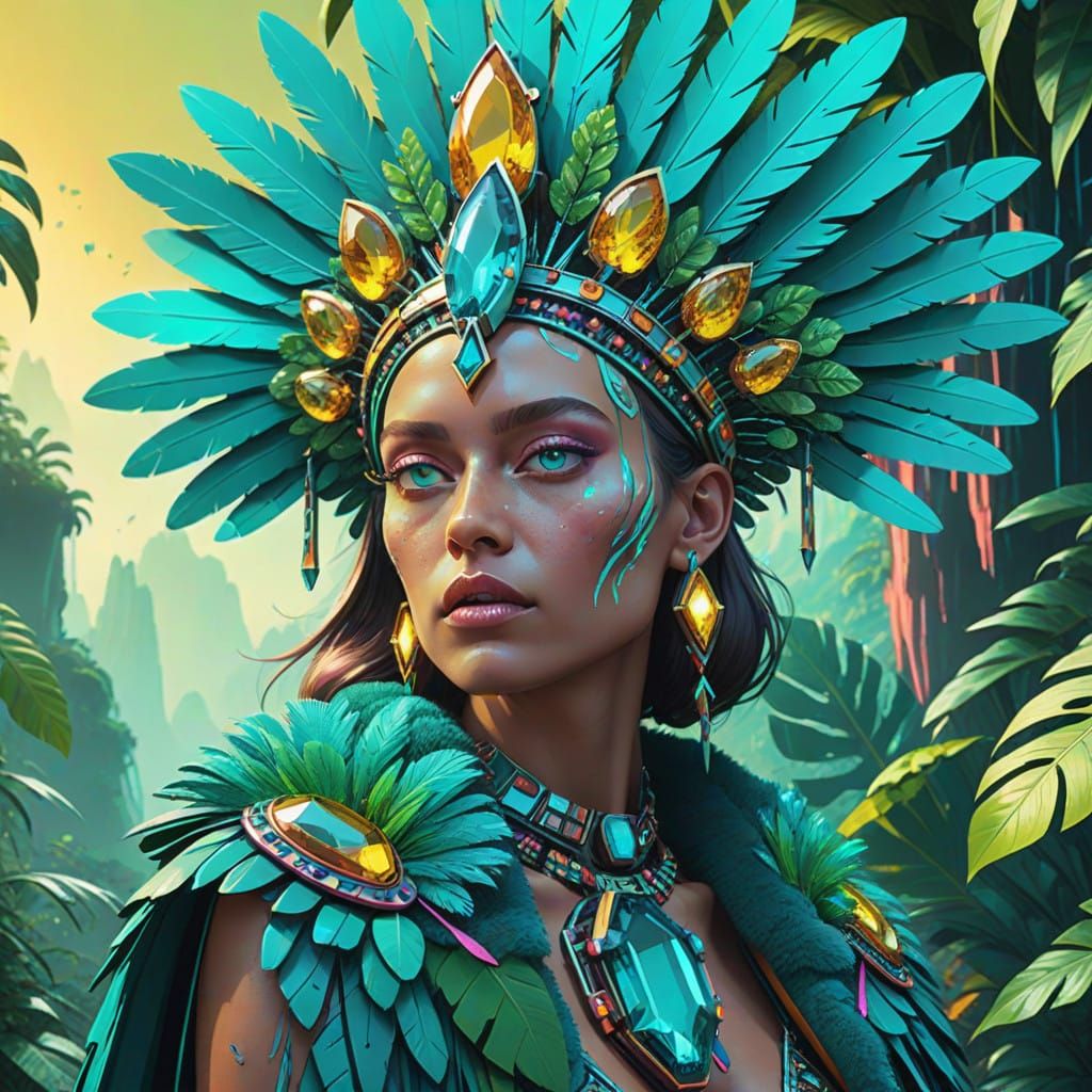 Amazonian Gemstone Warrior in Emerald Jungle, Cyberpunk-Insp...