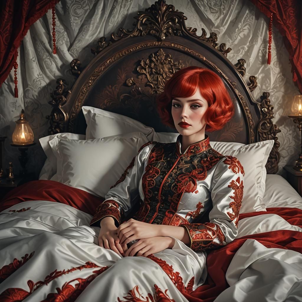 Beutiful Bright red bob hair woman as a mistress laying in b...