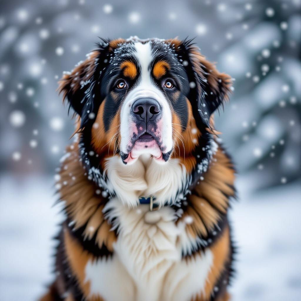 Majestic St. Bernard in Gentle Winter Snowfall