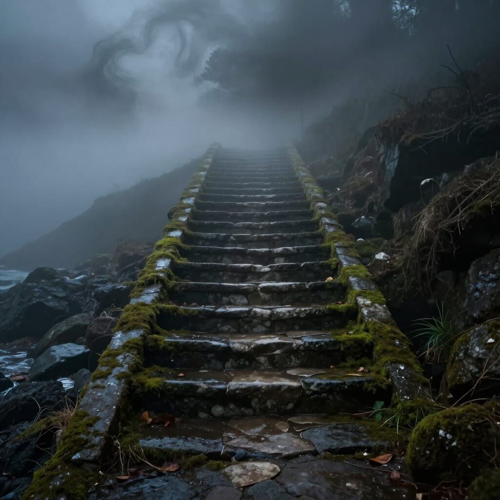 Creepy Foggy Stairway on Old Seashore