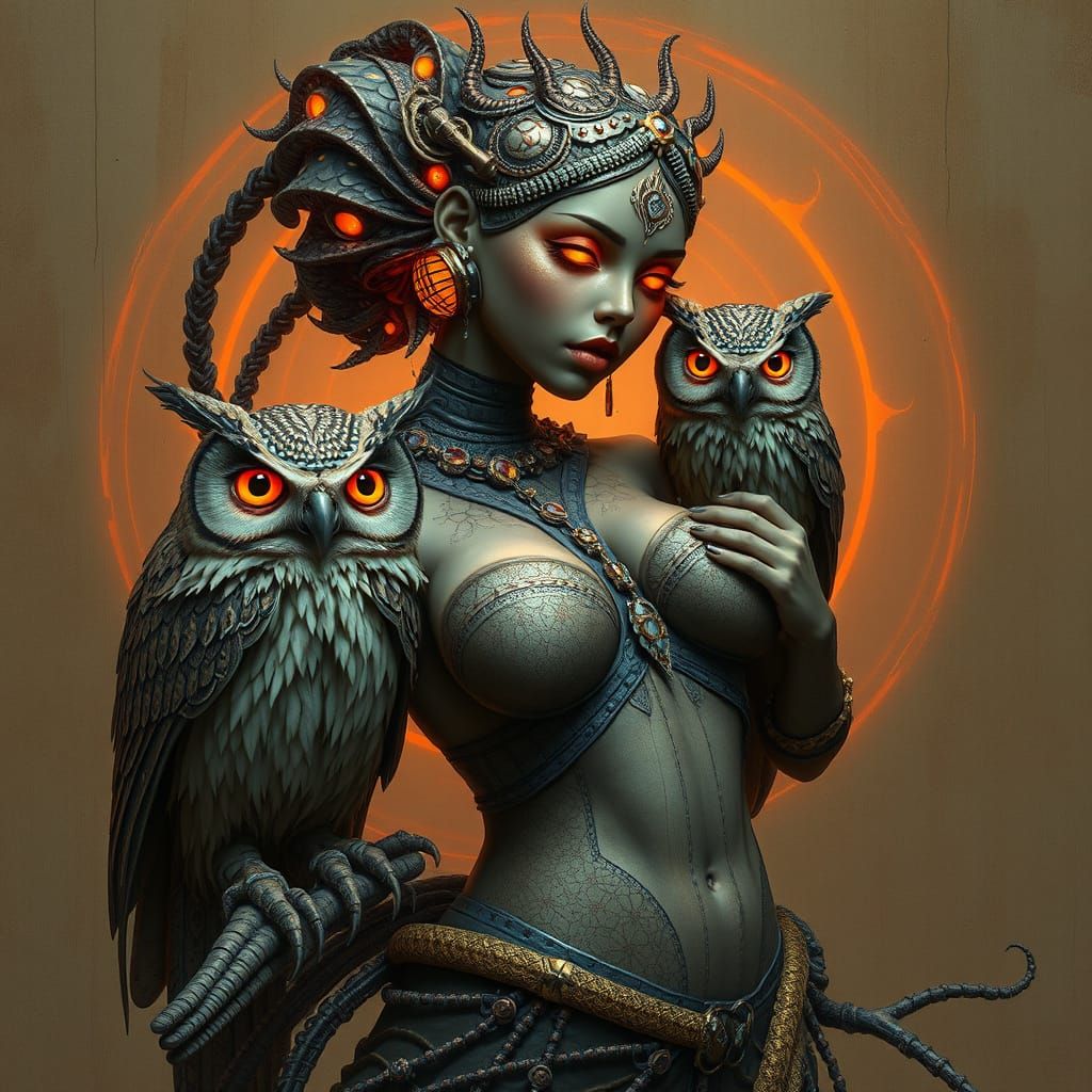 Ethereal Cyberpunk Goddess Meets Owl in Grotesque Biopunk Wo...