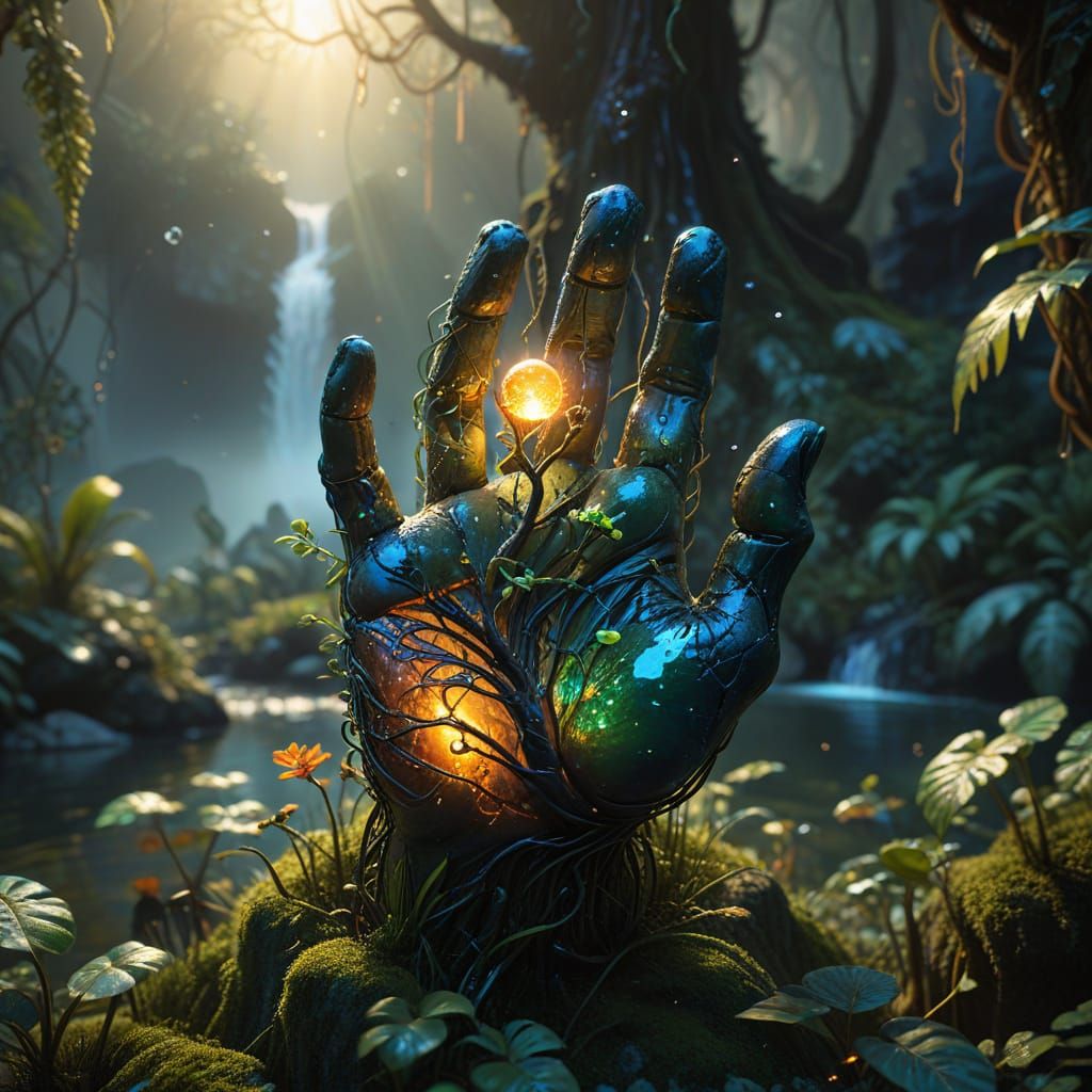 Colossal Stone Hand in Dreamlike Forest with Glowing Sun