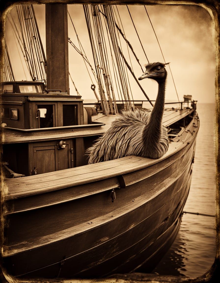 Emu on Ship: A Daguerreotype-Style Nautical Portrait