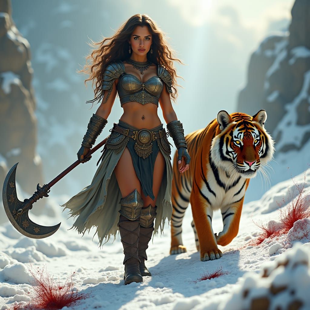 Amazonian Warrior and Bengal Tiger in a Cinematic Battle Sce...