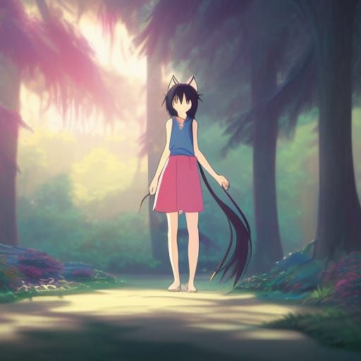 Cat-Eared Girl in Forest: Studio Ghibli Anime