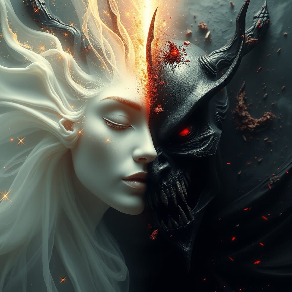 Good and Evil: Ethereal Clash in High Contrast