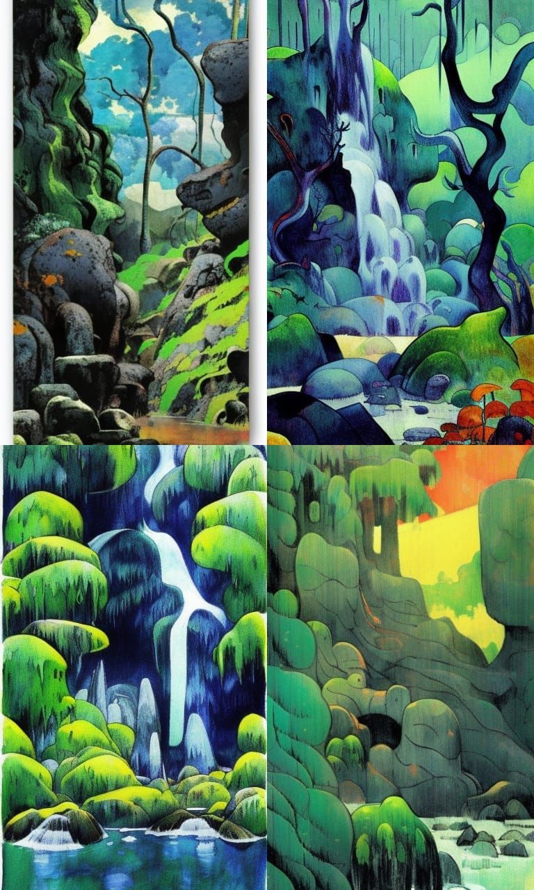 Ethereal Waterfall Illustration in Post-Impressionist Style