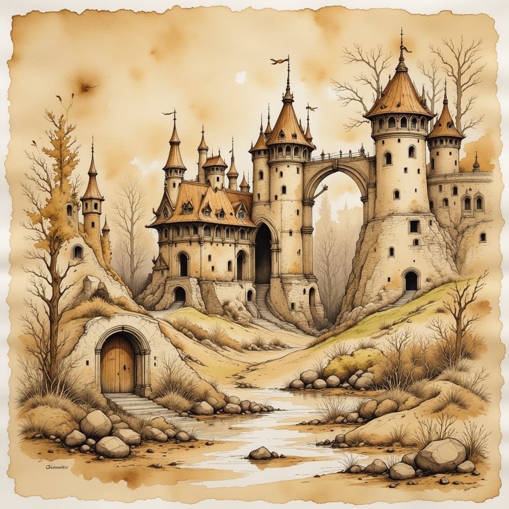 Whimsical Sketch on Coffee Stained Parchment