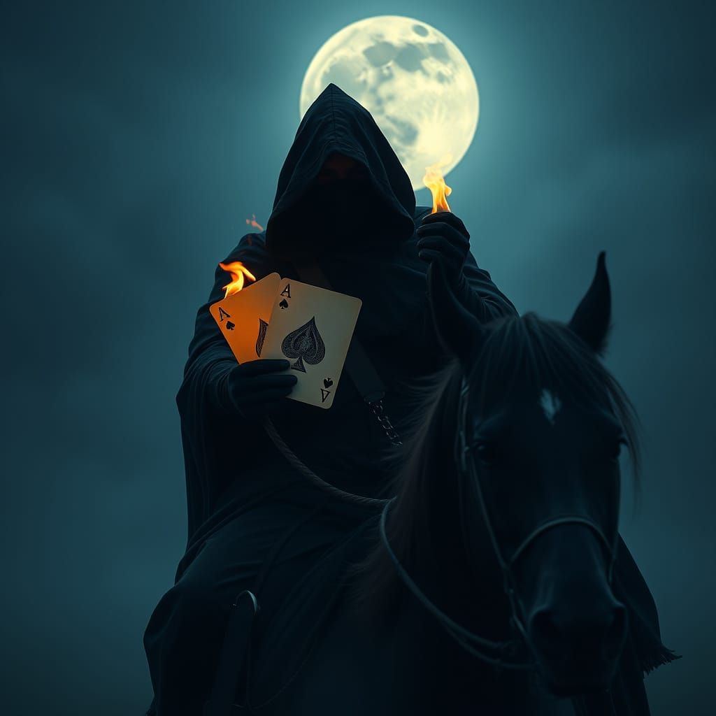 Mysterious Rider in Dark Cloak Holds Burning Cards, Face Hid...