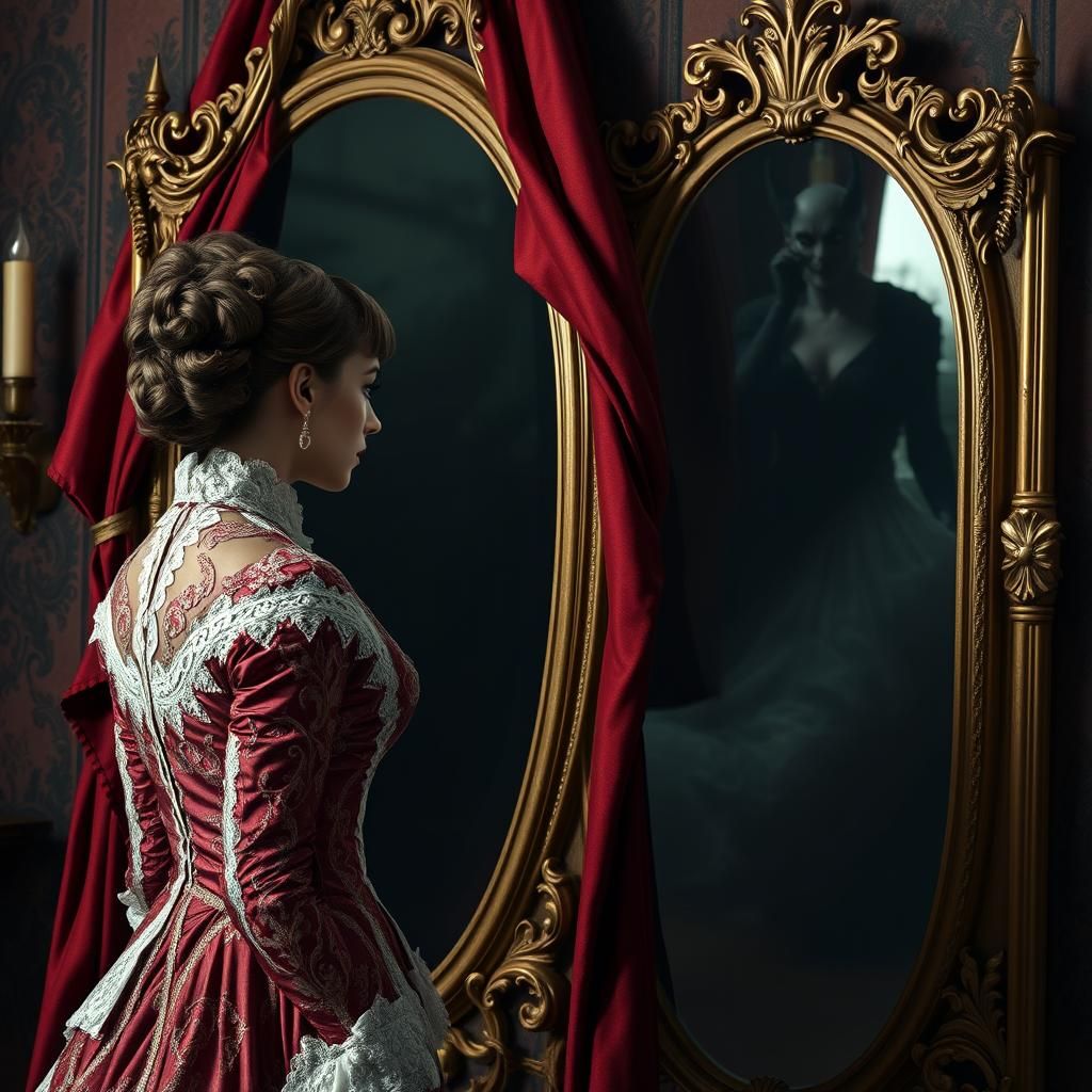 Victorian Woman and Hidden Demon in Mirror