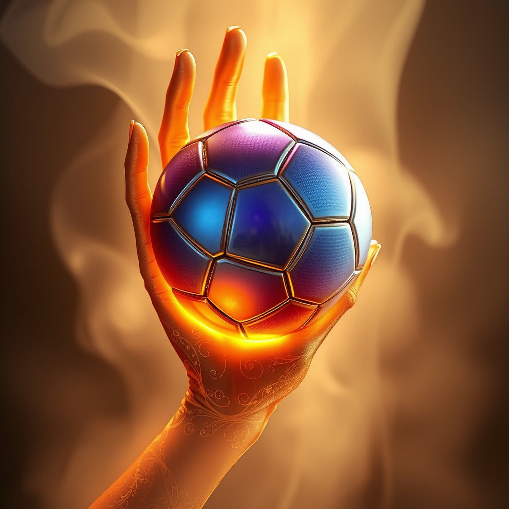 Golden Hand Holding Soccer Ball in Fantasy Realm