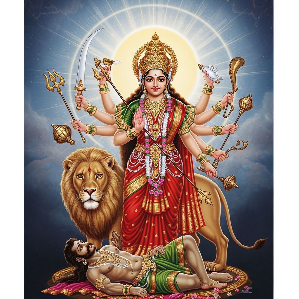 Goddess Durga Defeats Mahishasura in Traditional Indian Styl...
