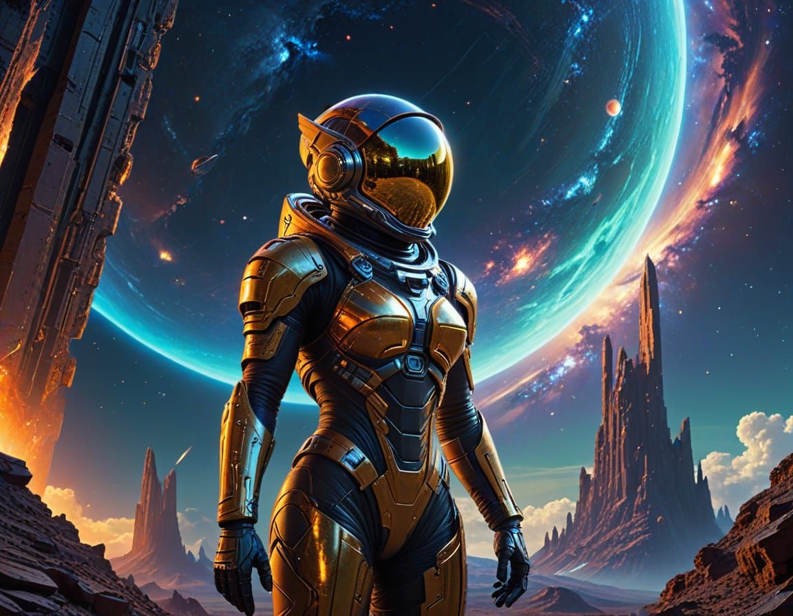Epic Spacesuit Amid Ancient Alien Ruins in Celestial Hues