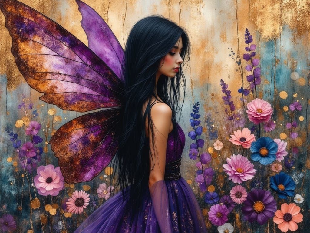 Hyperrealistic Fairy with Purple Wings in Encaustic Style