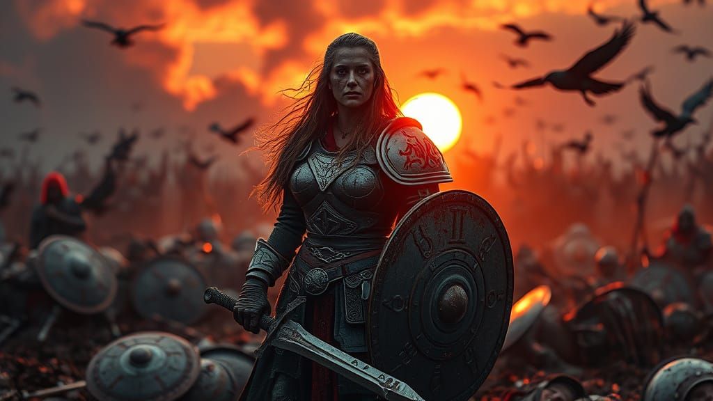 Hyperrealistic Valkyrie Amidst Battlefield Aftermath