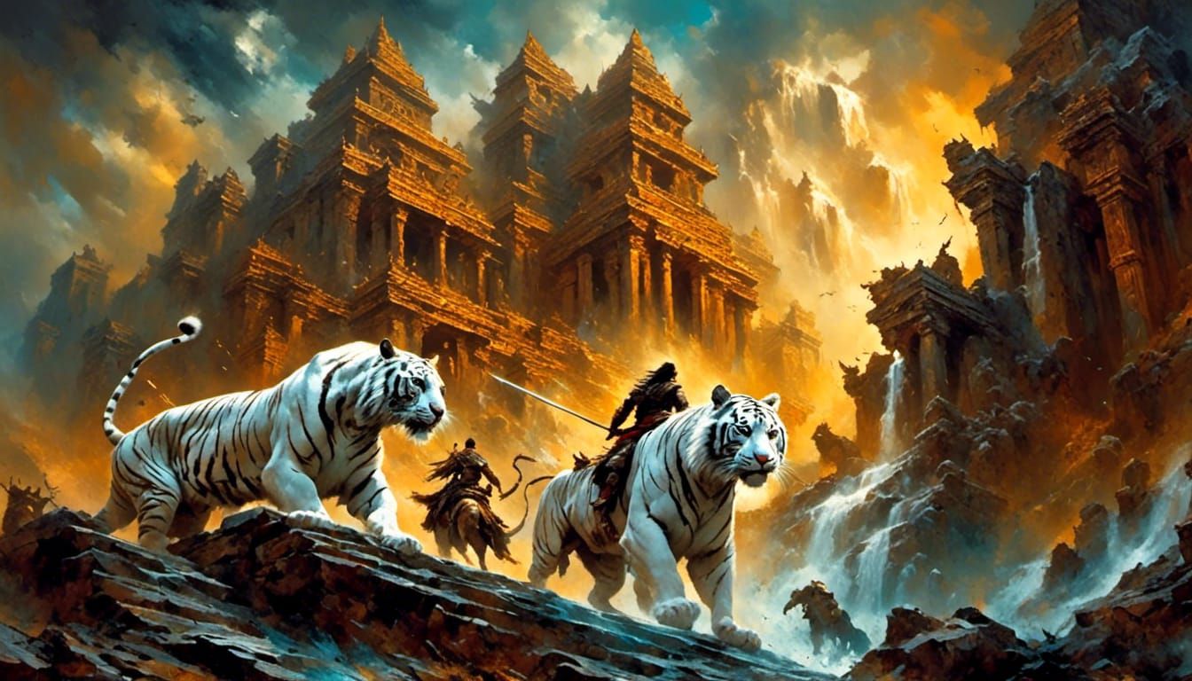 Epic Fantasy Art: Tiger Rider in Ancient Temple