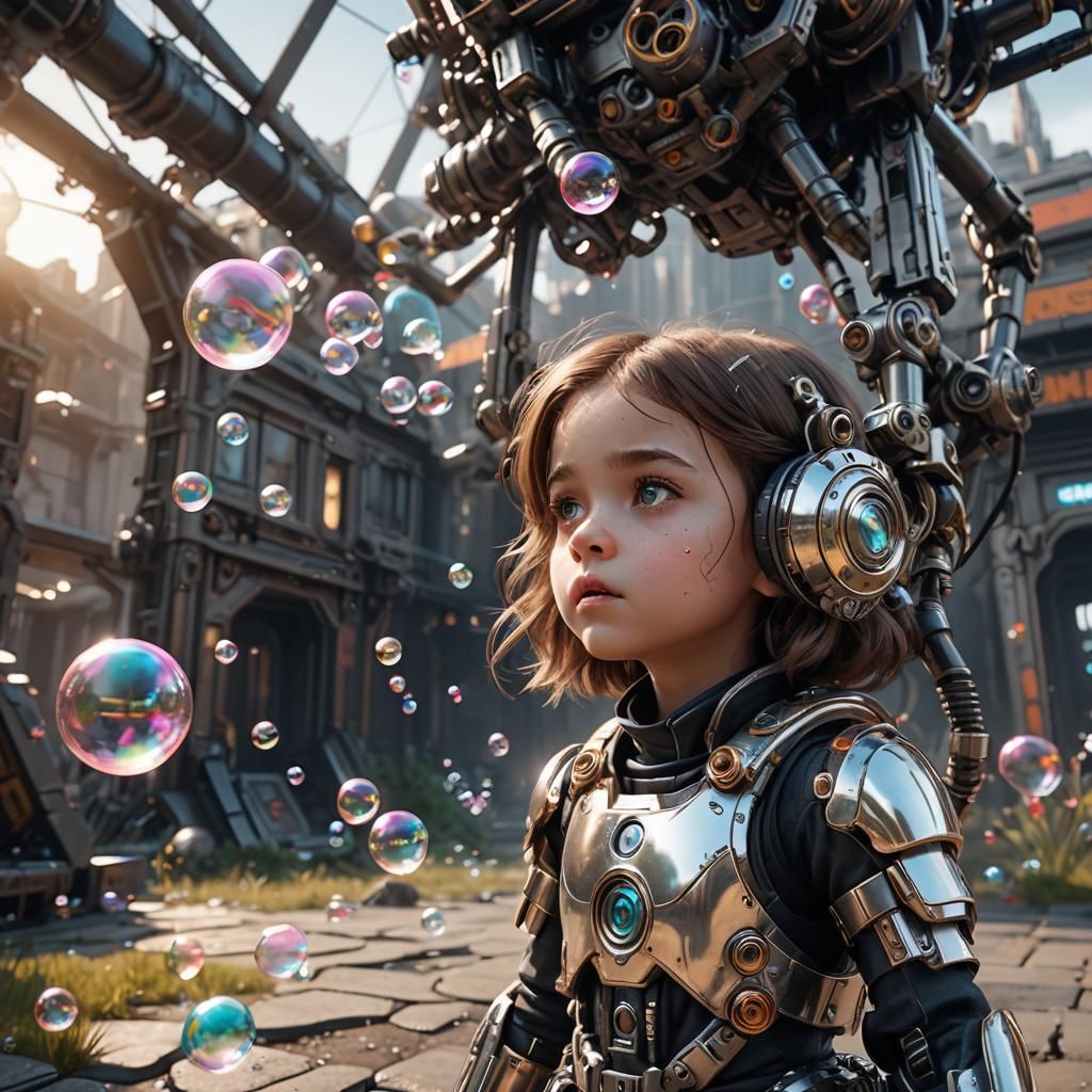 Girl Blowing Bubbles in Futuristic Sci-Fi World