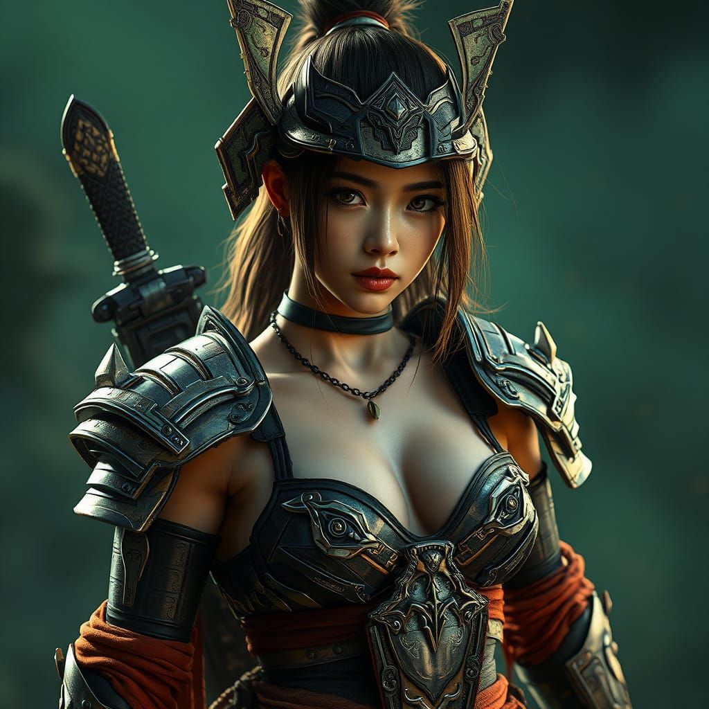 Futuristic Samurai with Cybernetic Enhancements in Film Noir...