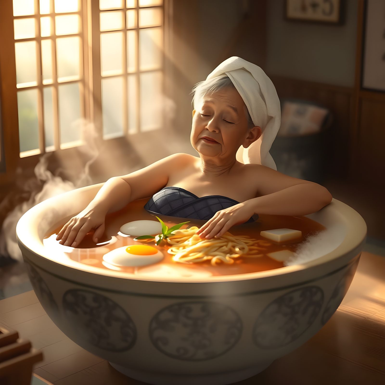 Whimsical Ramen Spa Scene in Traditional Japanese Style