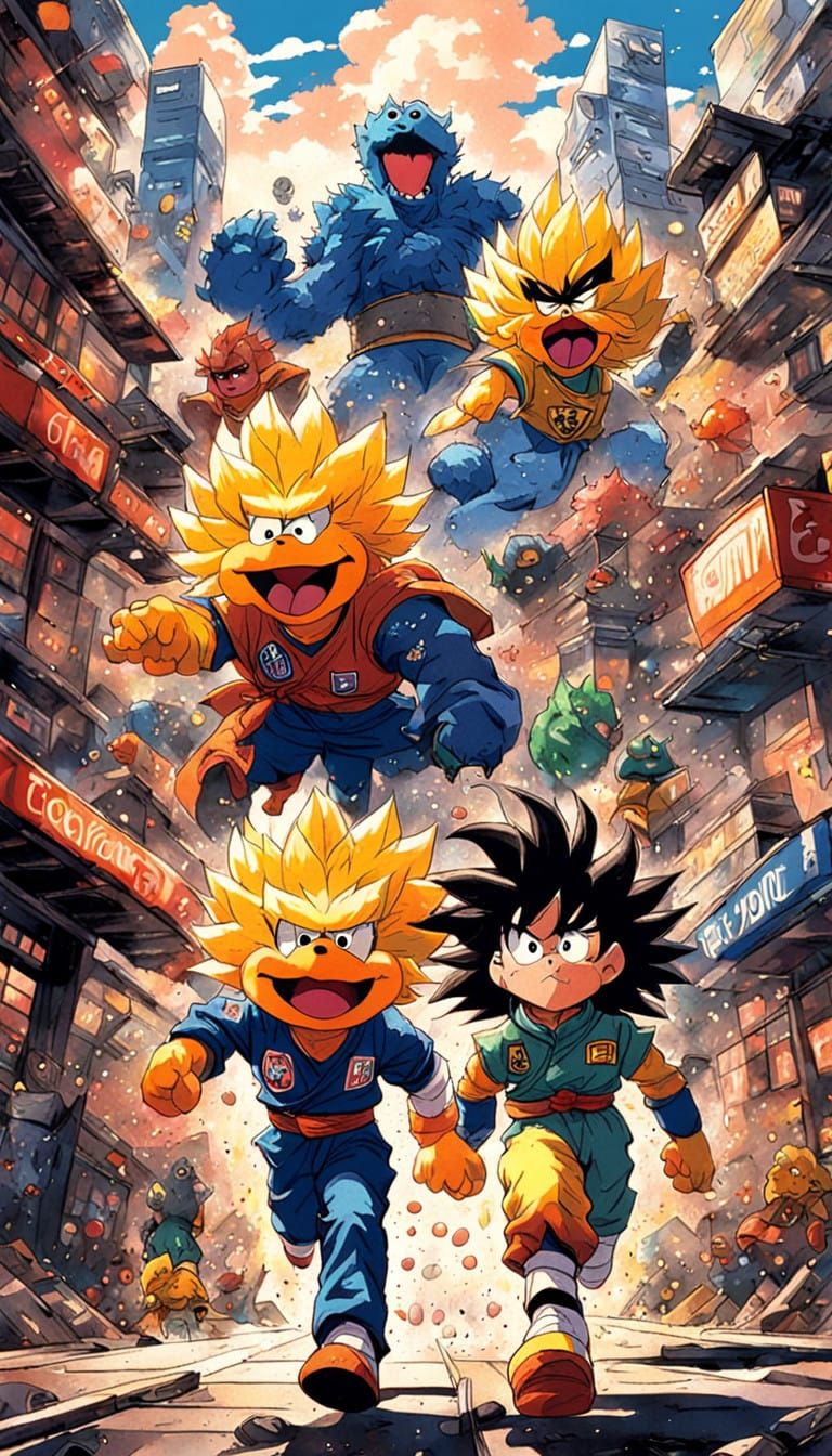 Vibrant Anime-Style Battle Between Sesame Street and Super S...