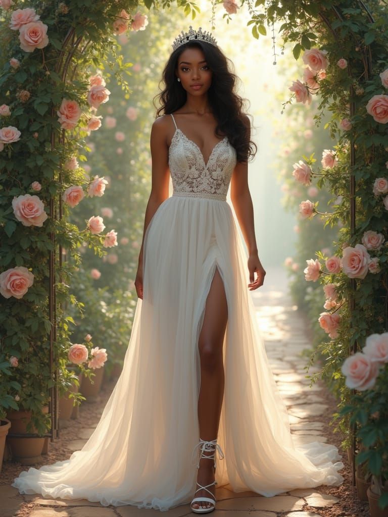 Ethereal Dark-Skinned Bride in Floral Trellis