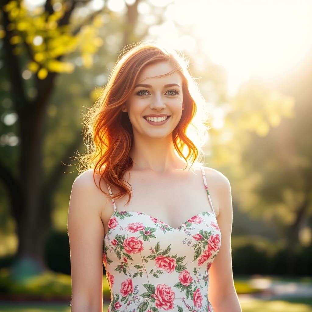 Beautiful Red Haired Woman Smiling in a Park