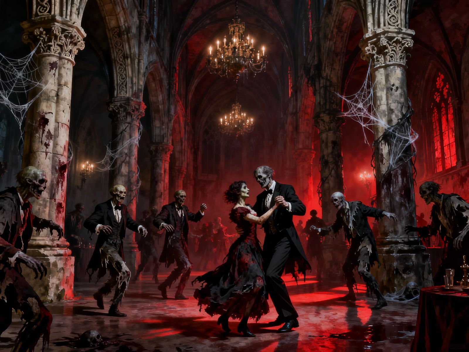 Zombies Dance at Gothic Ball Amidst Stone Pillars