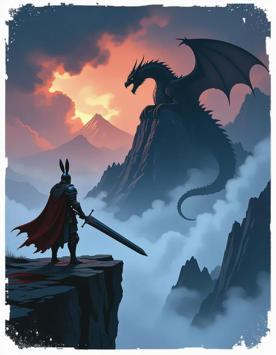 Epic Dark Fantasy Knight Facing Dragon on Cliff