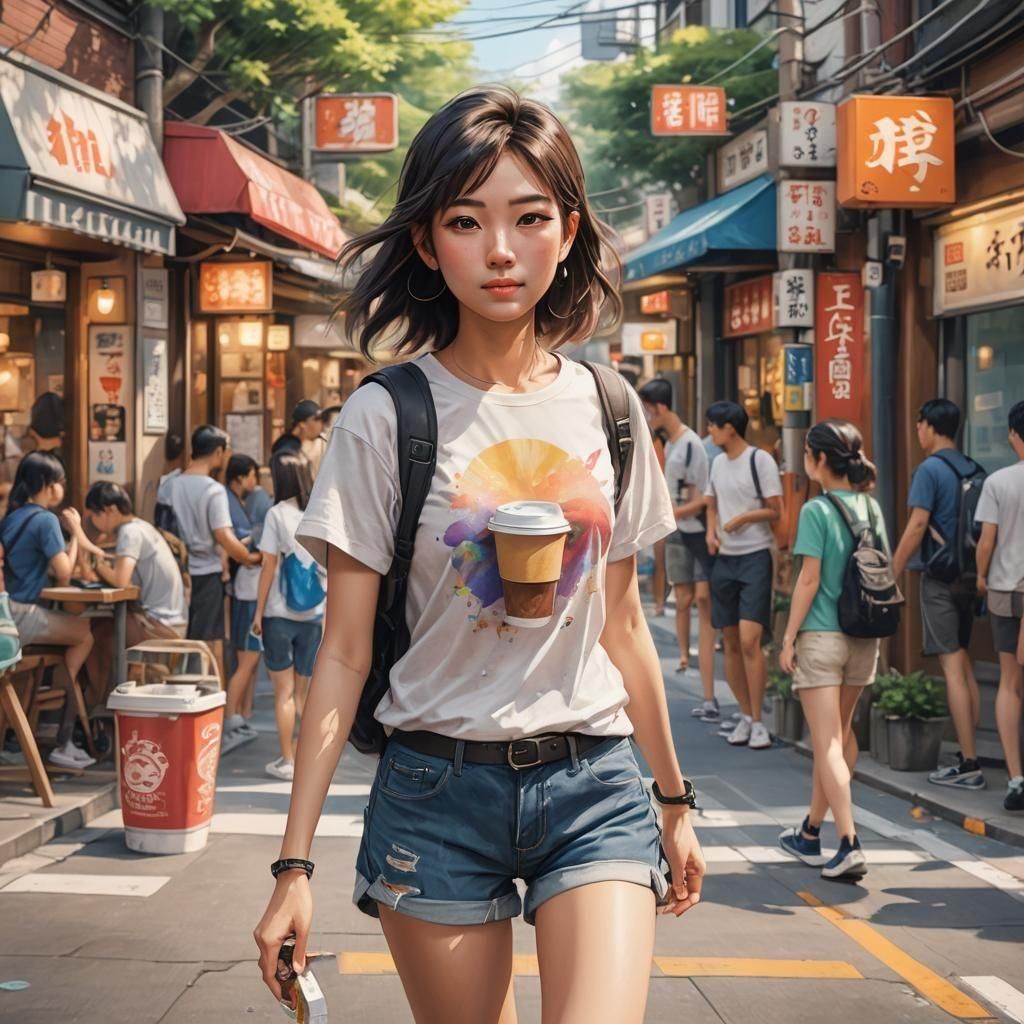 Beautiful Japanese Student Girl in Colored Pencil Style