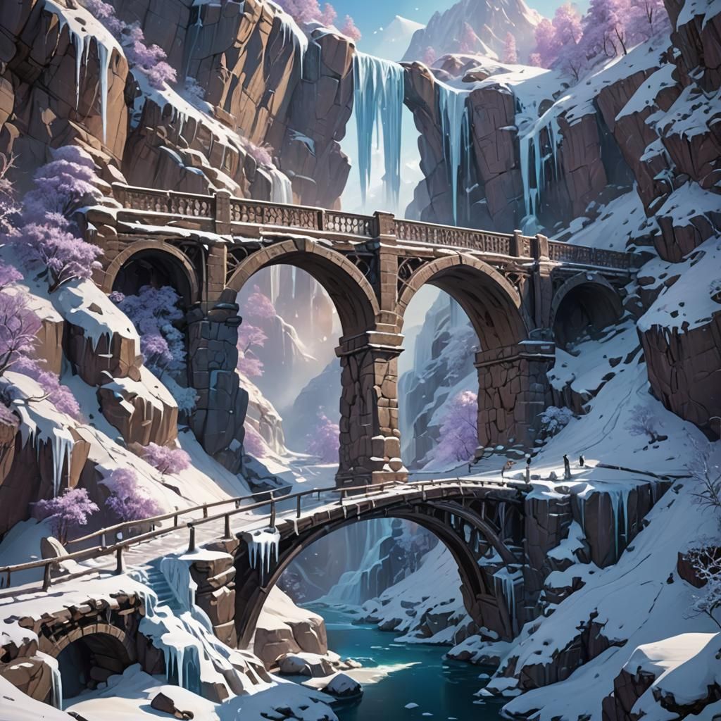 Snowy Arched Bridge Concept Art in Winter Landscape