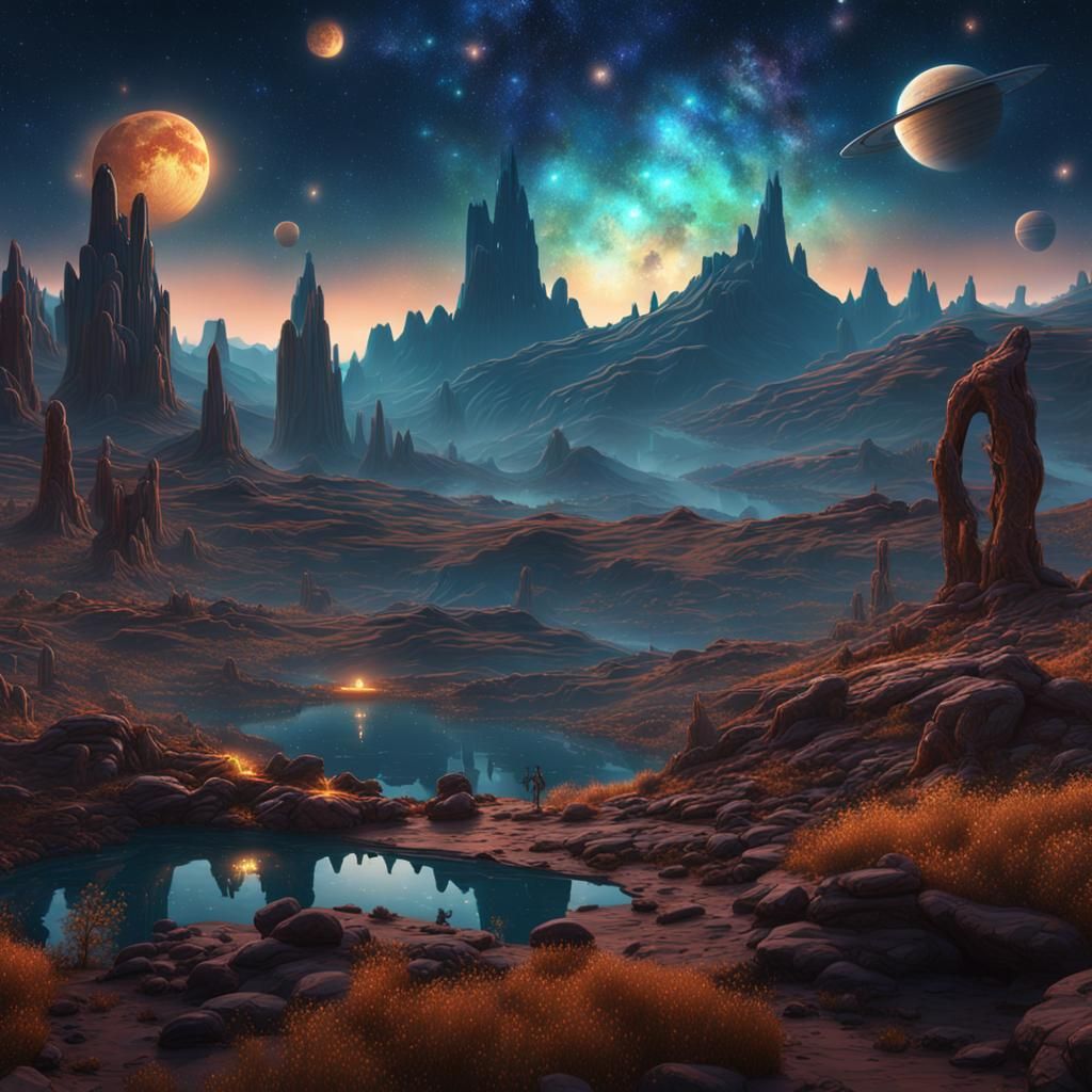 Alien Starry Night Landscape: Detailed Matte Painting