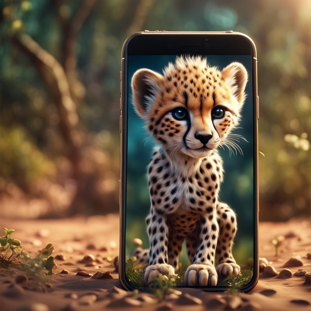 Cute iPhone,on baby cheetah taking selfie,8k , colour vibrance technique,detailed matte painting, deep color, fantastica...